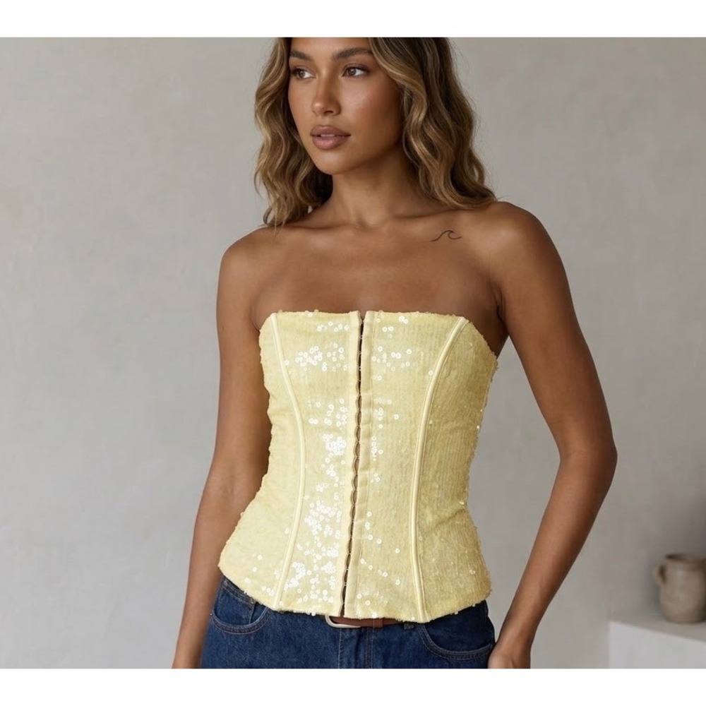 Princess Polly Diena Yellow Sequin Strapless Corset Top Hook Eye Front US 4
